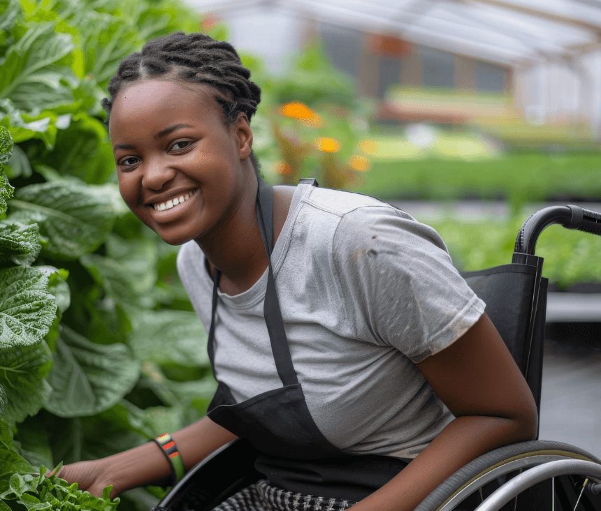 A woman harvesting vegetables in a community food garden
